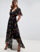 Asos Design Maxi Dress With Cape Back And Dipped Hem In Dark Black Floral - Multi