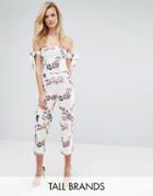 Oh My Love Tall Bardot Jumpsuit With Tie Sleeves In Floral Print - White