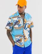 Asos Design Relaxed Shirt With Parrot Print - Blue