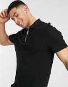 Asos Design Jersey Heavyweight Waffle Polo With Zip In Black