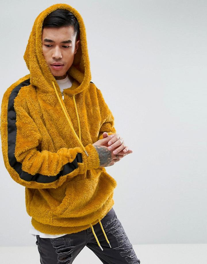 Sixth June Oversized Hoodie In Mustard Borg With Black Stripe - Yellow