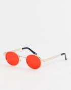 Asos Design Round Sunglasses In Gold With Red Lens - Red
