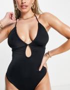 Asos Design Recycled Ruched Keyhole Front Swimsuit In Black