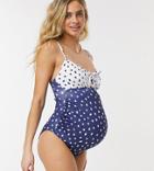 Asos Design Maternity Recycled Ruched Tie Front Swimsuit In Navy Polka Dot-multi