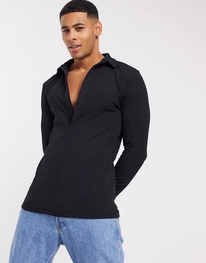 Asos Design Muscle Fit Long Sleeve Jersey Rib Polo In Black