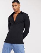 Asos Design Muscle Fit Long Sleeve Jersey Rib Polo In Black