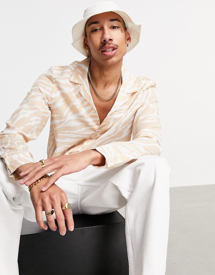 Asos Design Regular Fit Animal Skin Shirt In Tan-brown