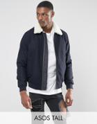 Asos Tall Wool Mix Harrington Jacket With Fleece Collar In Navy - Navy