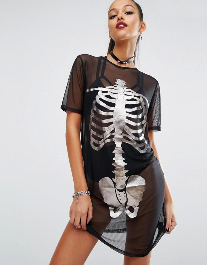 Missguided Halloween Skeleton Mesh T-shirt Dress - Black