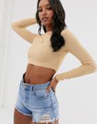Asos Design Cropped Crew Neck Ribbed Sweater-beige
