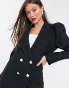 River Island Longline Blazer With Puff Sleeves In Black