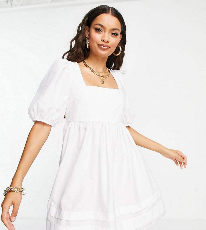 Asos Design Petite Cotton Square Neck Mini Smock Dress With Open Tie Back In White