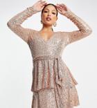 In The Style Tall Exclusive Sequin Plunge Front Tiered Detail Mini Dress In Rose Gold