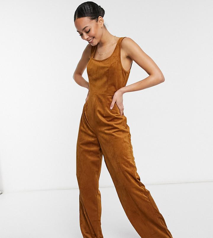 Asos Design Tall Square Neck Corduroy Tie Waist Jumpsuit In Tan-red