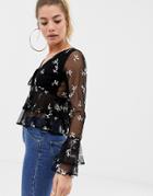 Asos Design Embroidered Top With Ruffle Detail Sleeve - Black