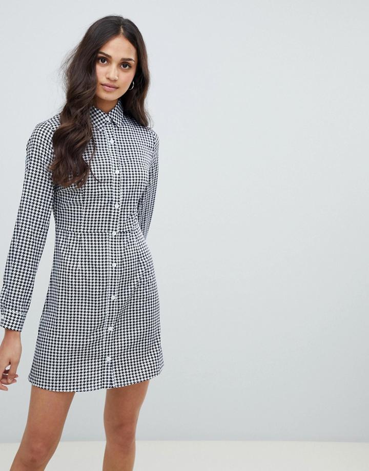 Glamorous Skater Shirt Dress In Houndstooth