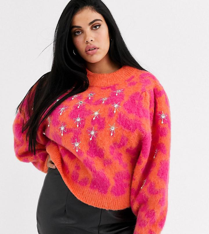 Asos Design Curve Premium Embellsihed Animal Sweater-multi