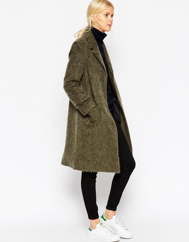 Asos Coat With Seam Detail In Hairy Wool - Khaki
