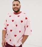 Asos Design Plus Valentines Oversized Fit T-shirt With All Over Heart Print - Pink