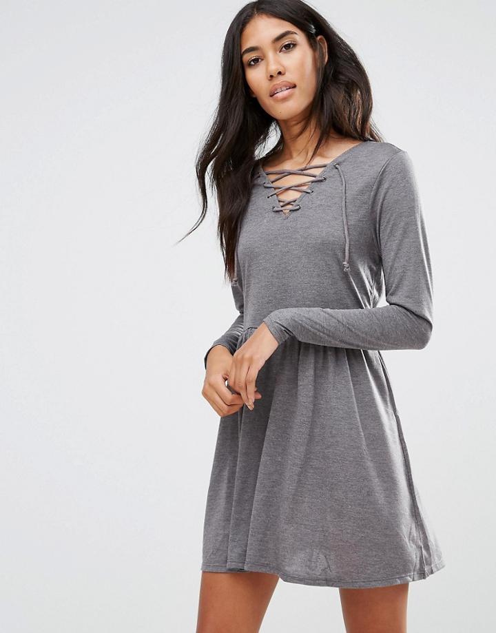 Brave Soul Lace Up Skater Dress - Gray