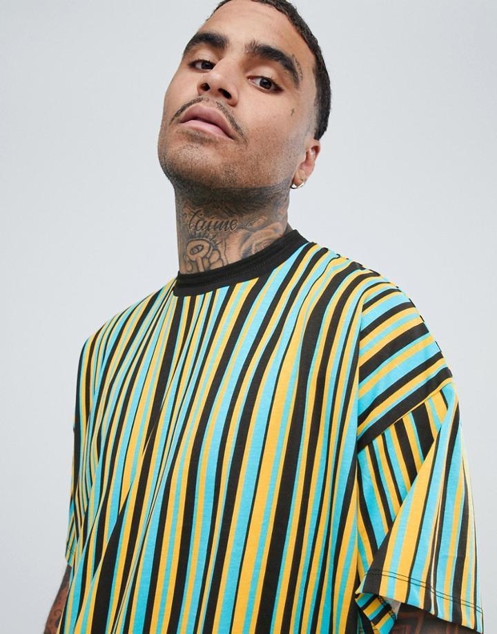 Asos Design Oversized Vertical Stripe T-shirt With Neck Trim Detail - Black