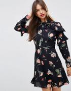 Asos Tea Dress With Ruffle Sleeve In Vintage Floral - Multi