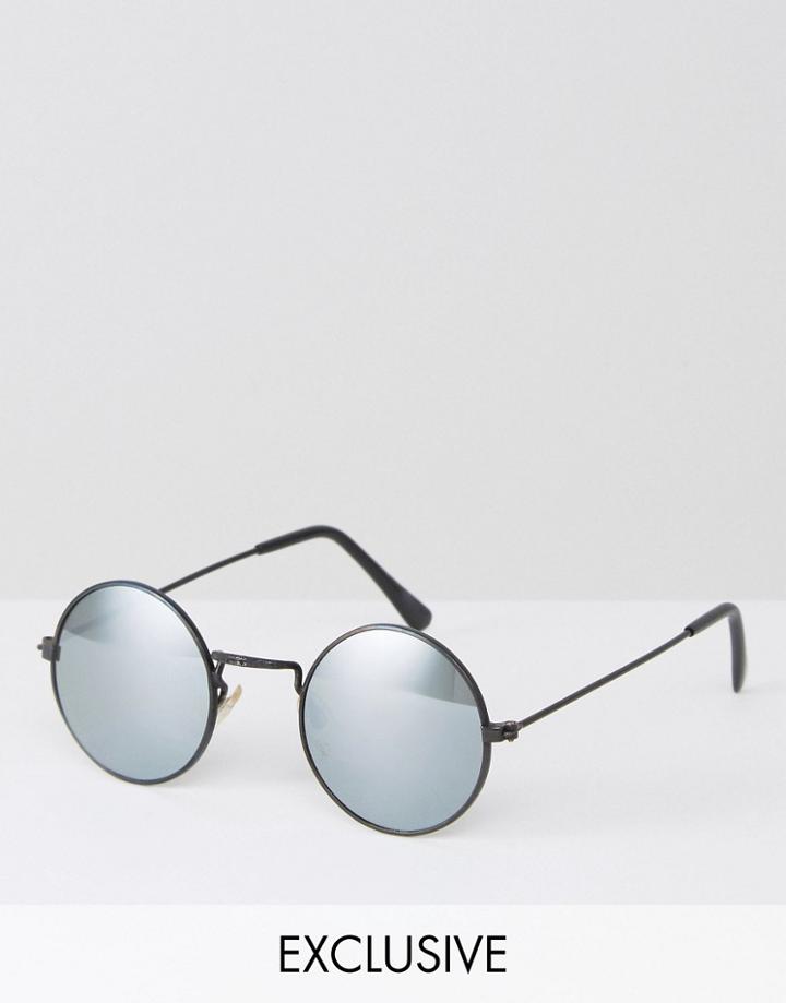Reclaimed Vintage Inspired Black Metal Round Sunglasses With Mirrored Lens - Black