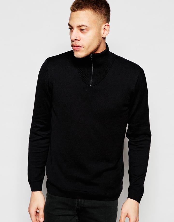 Asos Turtleneck Jumper With Zip In Black - Black