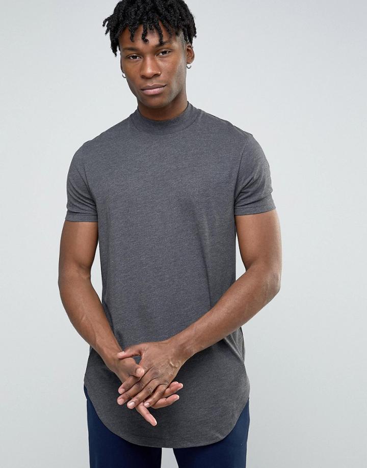 Asos Super Longline T-shirt With Turtleneck And Curved Hem In Charcoal