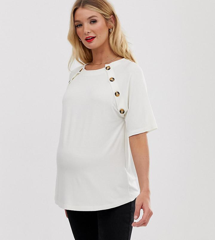 Asos Design Maternity Nursing Short Sleeve Top With Button Detail - Cream