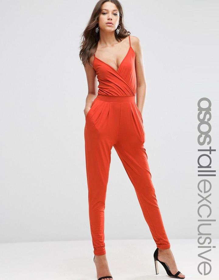 Asos Tall Cami Wrap Front Jersey Jumpsuit With Peg Leg - Orange