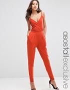 Asos Tall Cami Wrap Front Jersey Jumpsuit With Peg Leg - Orange