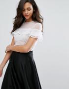 Miss Selfridge Dotty Mesh Ruffle Top - White
