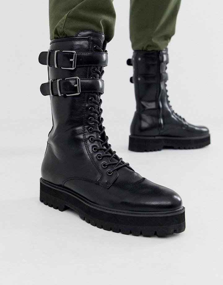 Asos Design High Lace Up Boots In Black Faux Leather With Raised Chunky Sole And Hardware Details