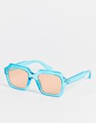 Asos Design Recycled Square Sunglasses In Crystal Blue With Orange Lens