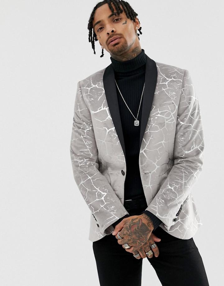 Twisted Tailor Super Skinny Blazer In Velvet Crackle - Silver