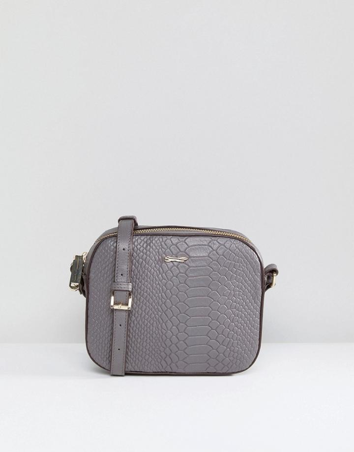 Paul Costelloe Real Leather Double Clasp Zip Around Boxy Cross Body Bag In Gray - Gray