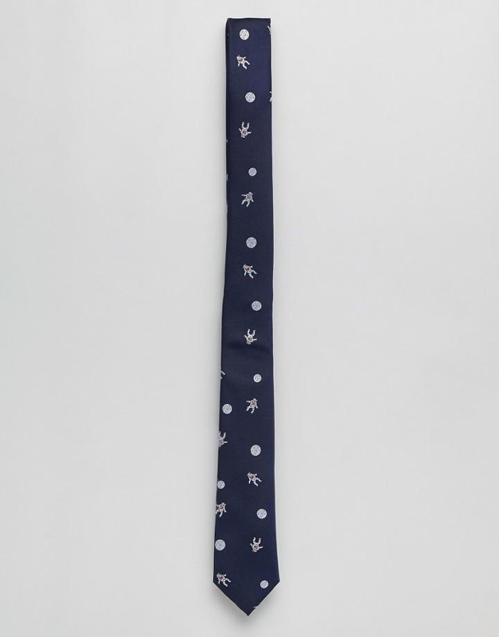 Asos Design Slim Tie In Navy With Space Embroidery - Navy