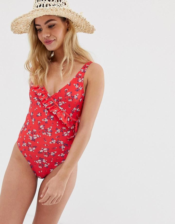 New Look Ditsy Wrap Swimsuit In Red Pattern - Red