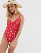 New Look Ditsy Wrap Swimsuit In Red Pattern - Red