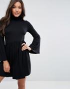 Asos Turtleneck Smock Dress With Trumpet Sleeves - Black