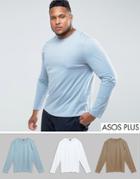 Asos Plus Long Sleeve T-shirt 3 Pack Save - Multi