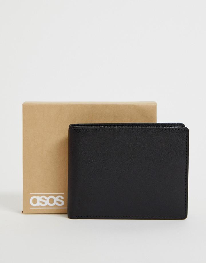 Asos Design Leather Wallet With Charcoal Contrast Internal - Black