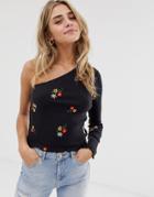 Asos Design One Shoulder Ribbed Top With All Over Floral Embroidery - Black