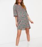 Asos Design Maternity Mini Plisse Crew Neck Dress In Pink And Green Floral