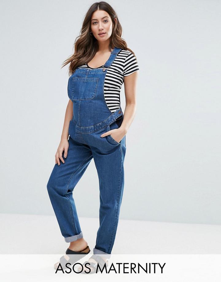 Asos Maternity Denim Overall In Stonewash Blue - Blue