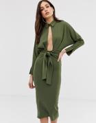 Asos Design Long Sleeve Wrap Shirt Midi Dress - Green