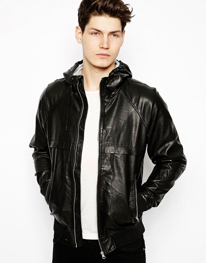 Pull & Bear Hooded Faux Leather Jacket - Black