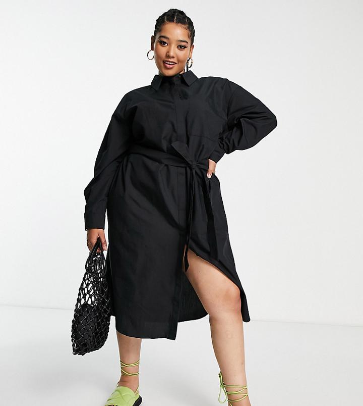 Asos Design Curve Edit Midi Shirt Dress With Detachable Belt In Black