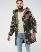 Replay Camo Print Parka Fleece Lined Faux Fur Back Print Patches - Green